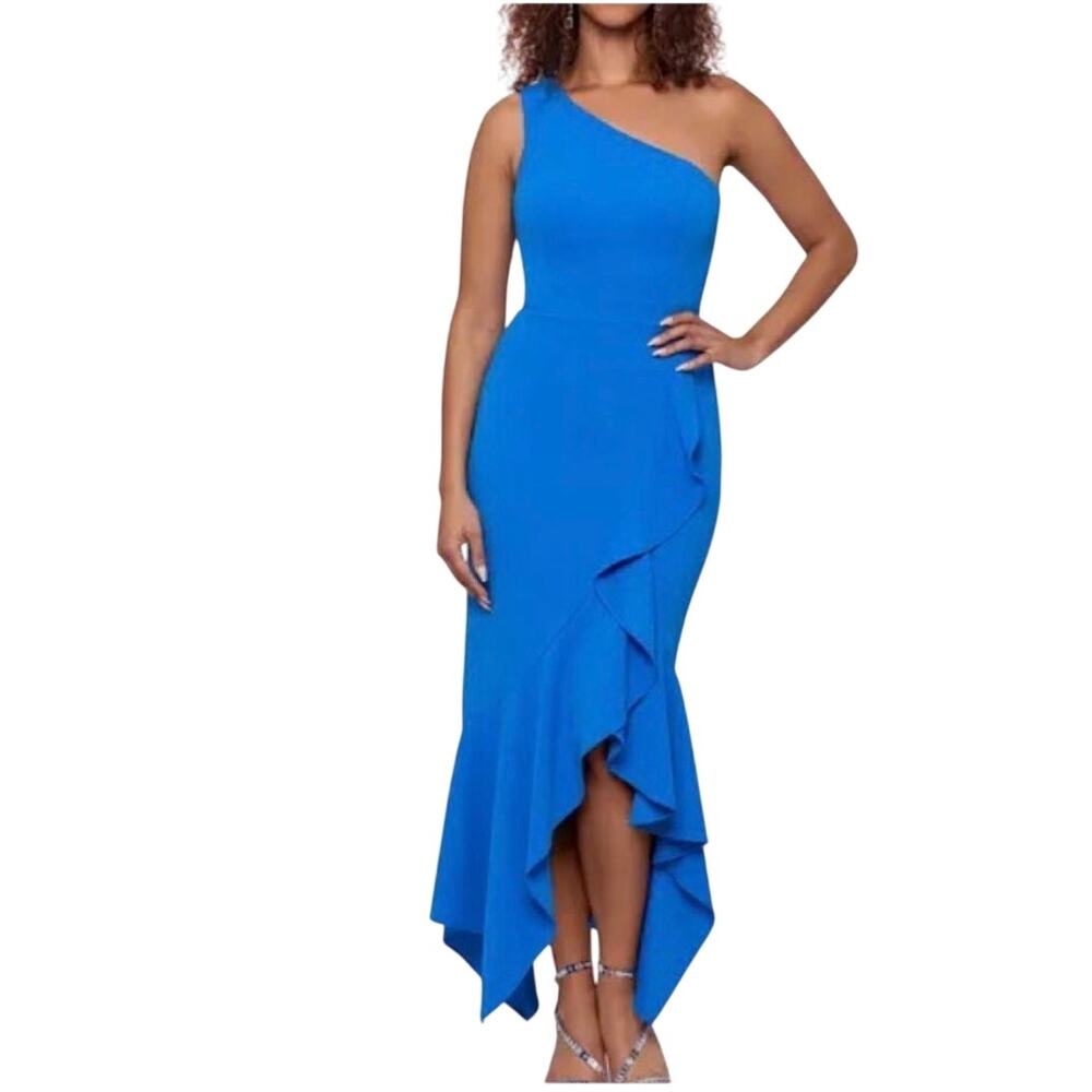 XSCAPE One Shoulder Ruffled High Low Sheath Cocktail Dress Blue Size 16